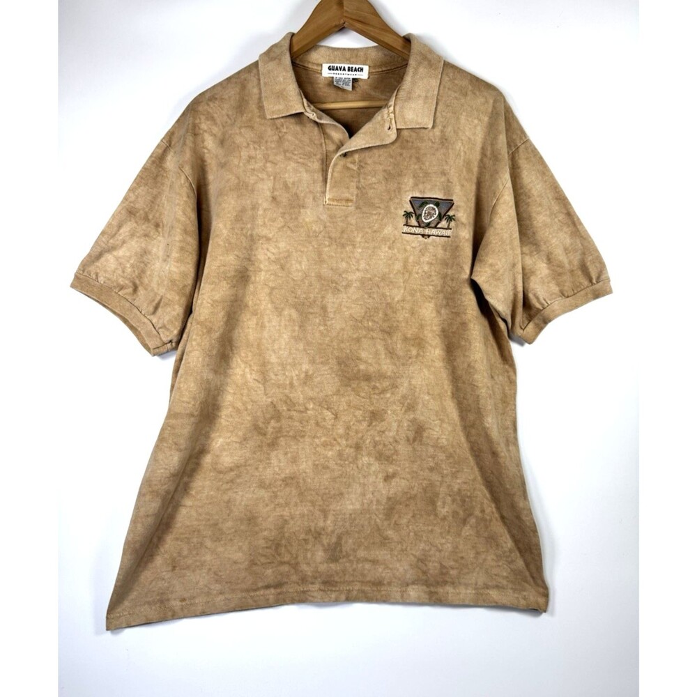 Guava Beach Polo Shirt Mens Large Tan‎ Brown Kona Hawaii Embroidered Made in USA